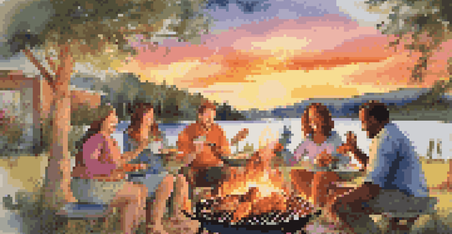 A group of friends cooking and enjoying skewers around a campfire at sunset, radiating joy and camaraderie.