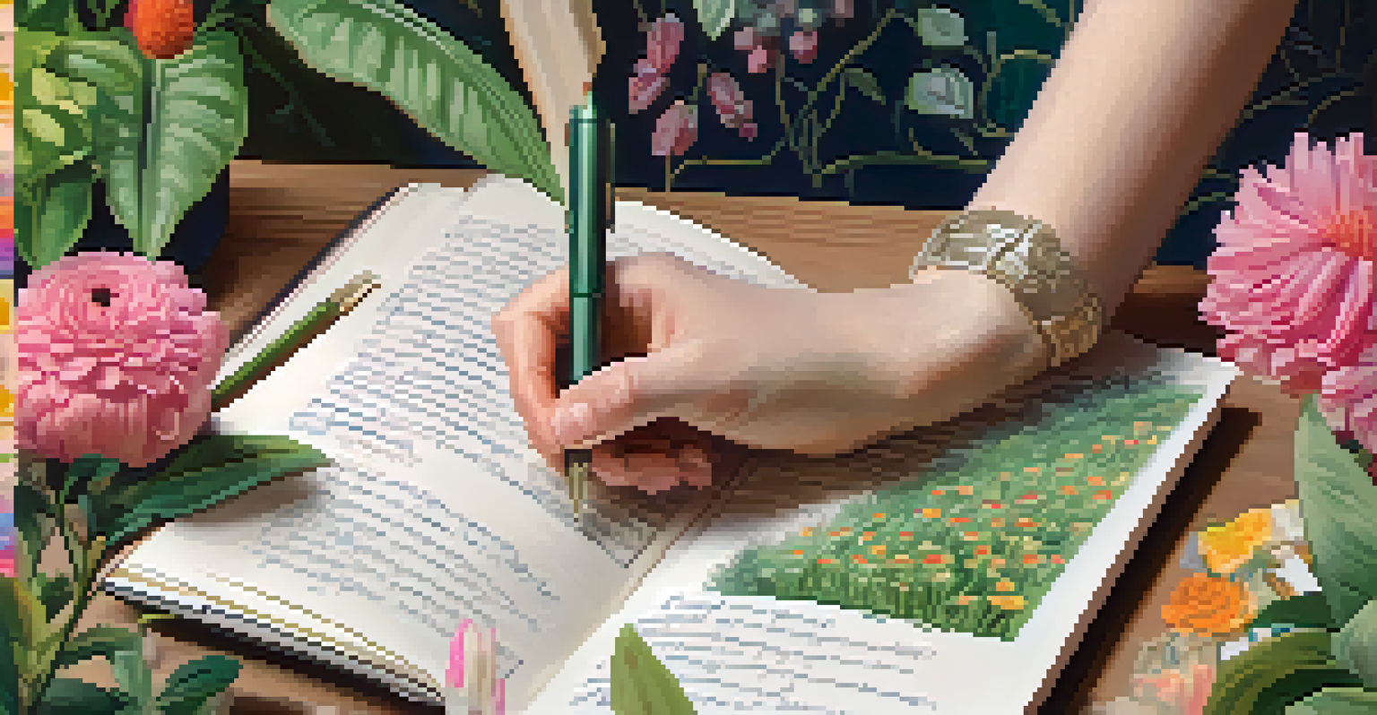 A close-up of a writer's hands with a pen over a notebook, surrounded by a beautiful garden.