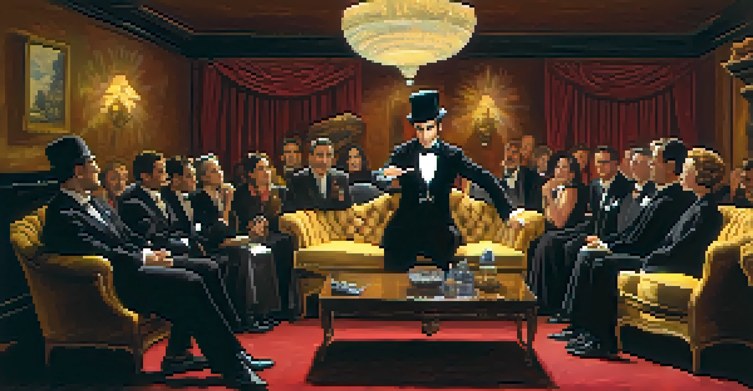 A magician in a black suit performing a vanishing scarf trick in front of an amazed audience in a cozy living room.