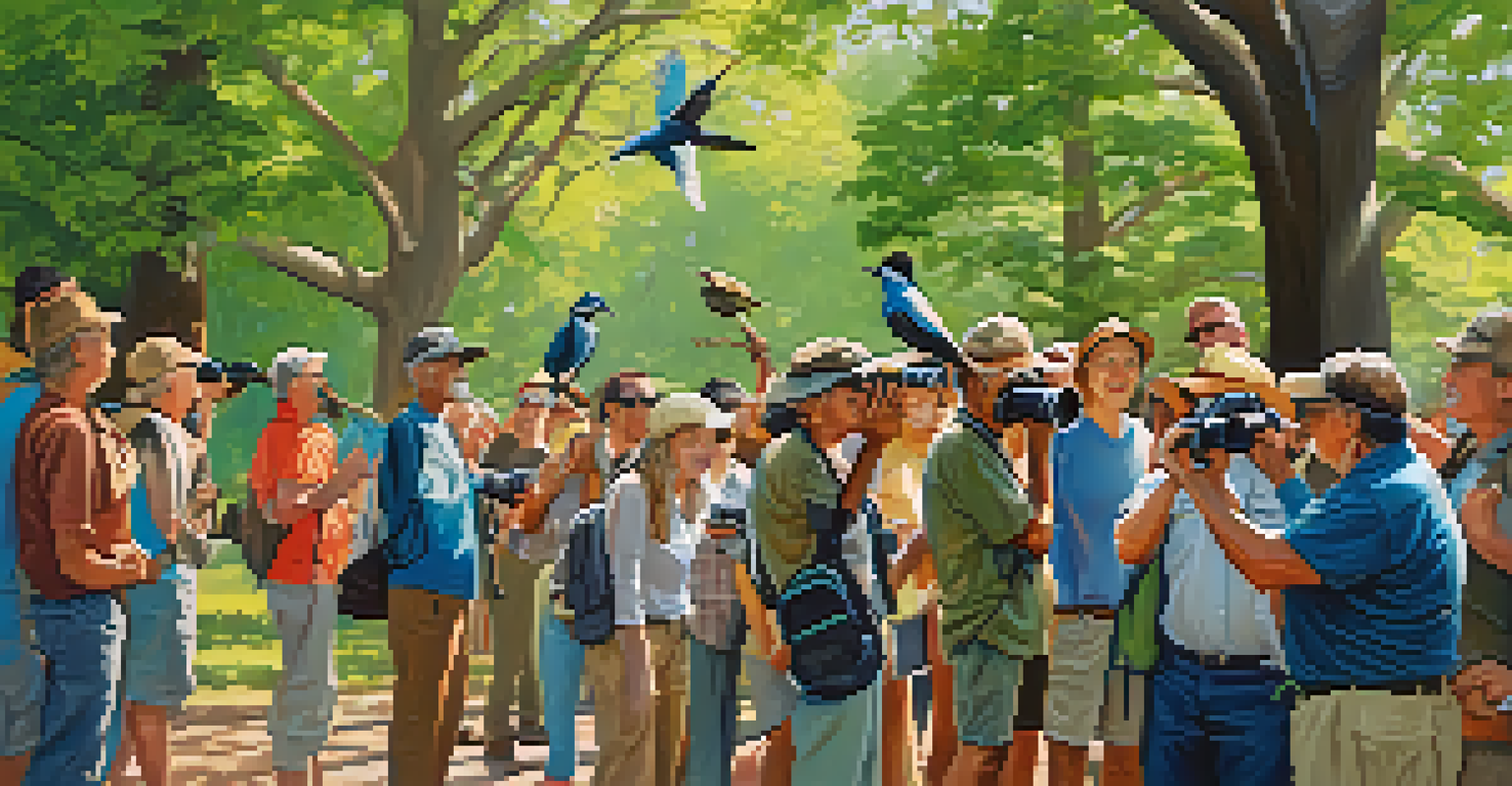 A diverse group of birdwatchers in a park, sharing experiences and observing birds together.