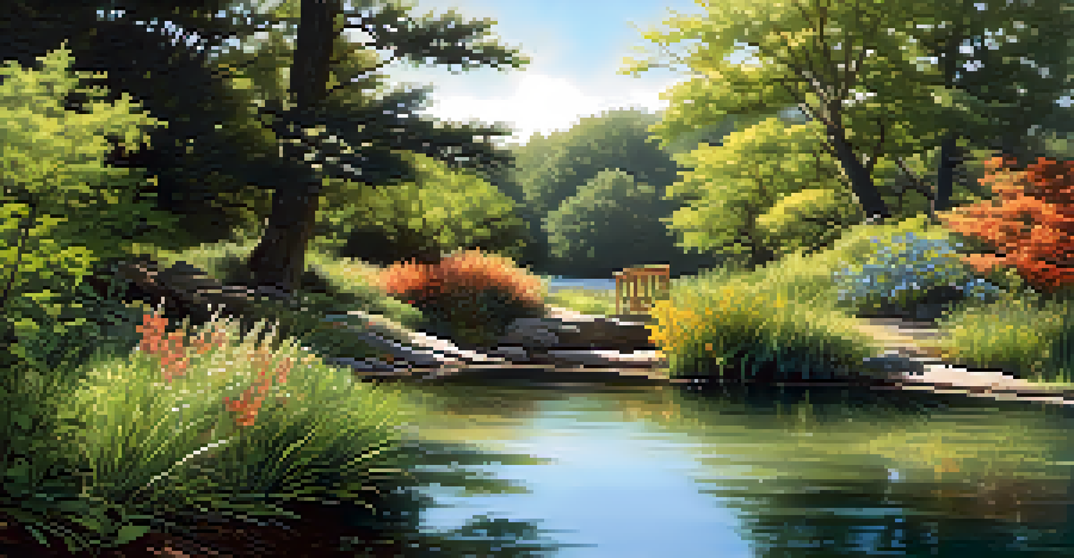 A peaceful backyard with a mix of shrubs, wildflowers, and a pond, featuring birds perched nearby and sunlight creating dappled shadows.