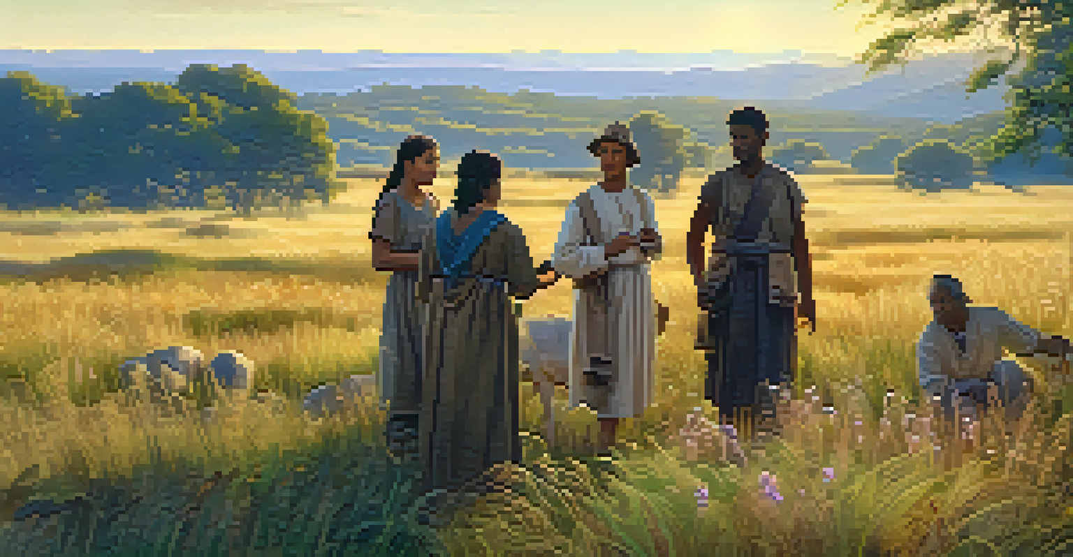 A group of people foraging for herbs and mushrooms in a golden-lit field, representing ancient cultural practices.