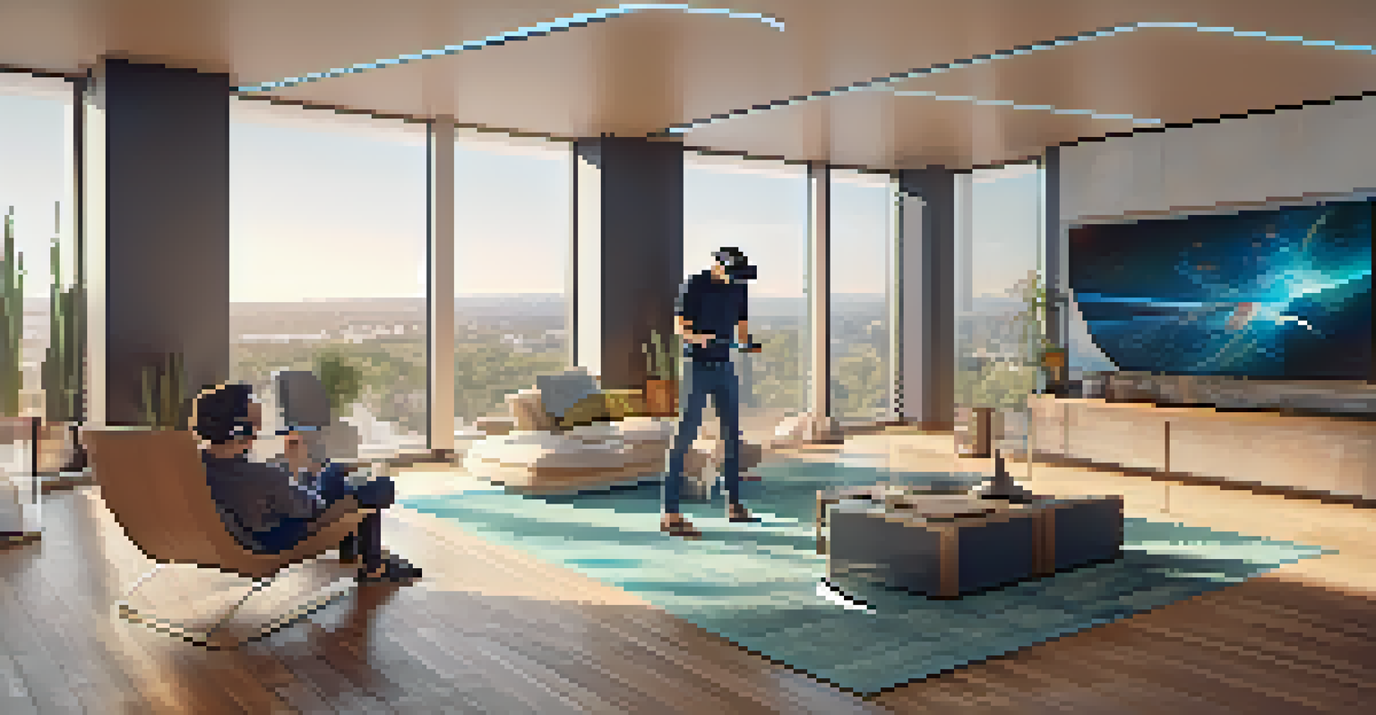 A person in a modern living room wearing a standalone VR headset, with digital elements illustrated in the air around them.