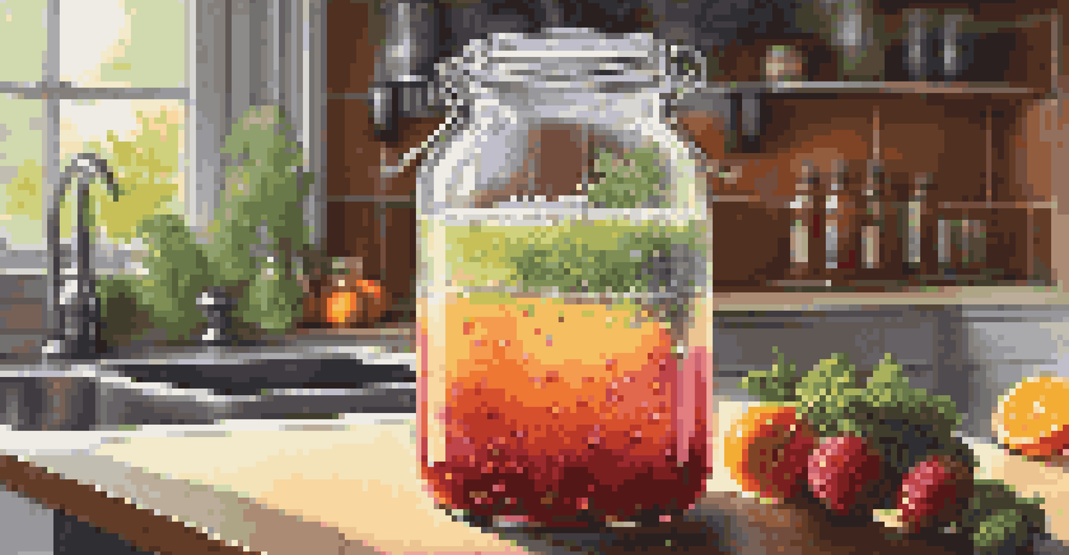 A glass jar of bubbling kombucha on a kitchen counter, surrounded by fruits and herbs.
