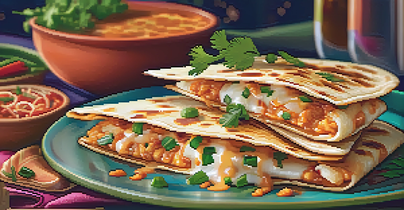 Crispy kimchi quesadillas on a colorful plate, garnished with cilantro, in a warmly lit setting.