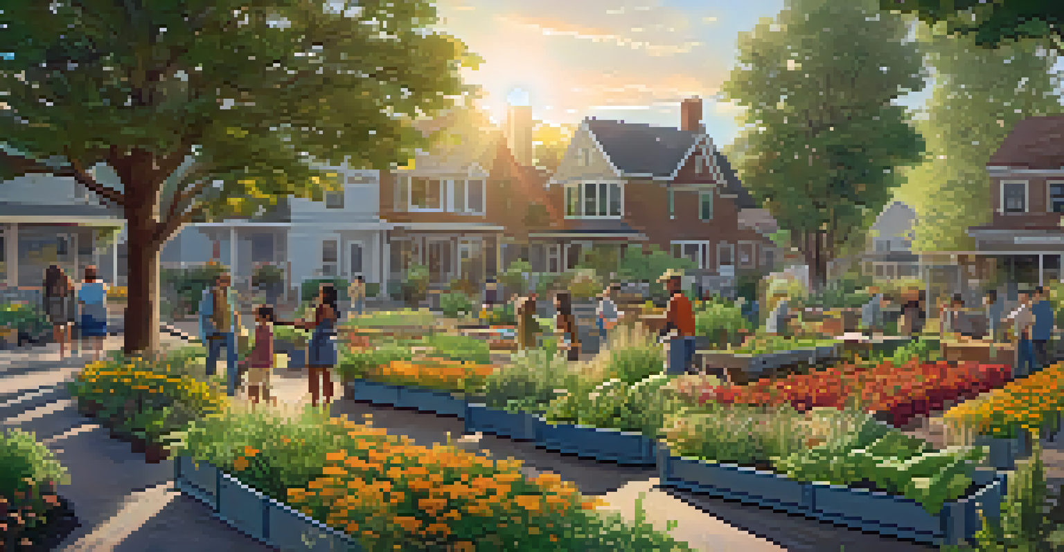 A community garden with people planting and tending to native plants and vegetables.