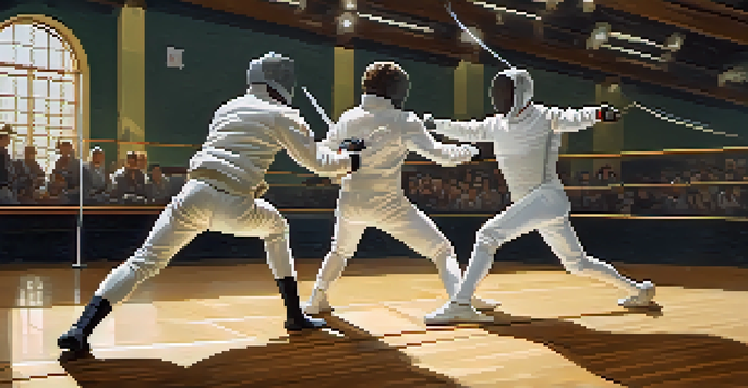 Two fencers in white uniforms sparring in a gymnasium, illuminated by bright lights and surrounded by spectators.