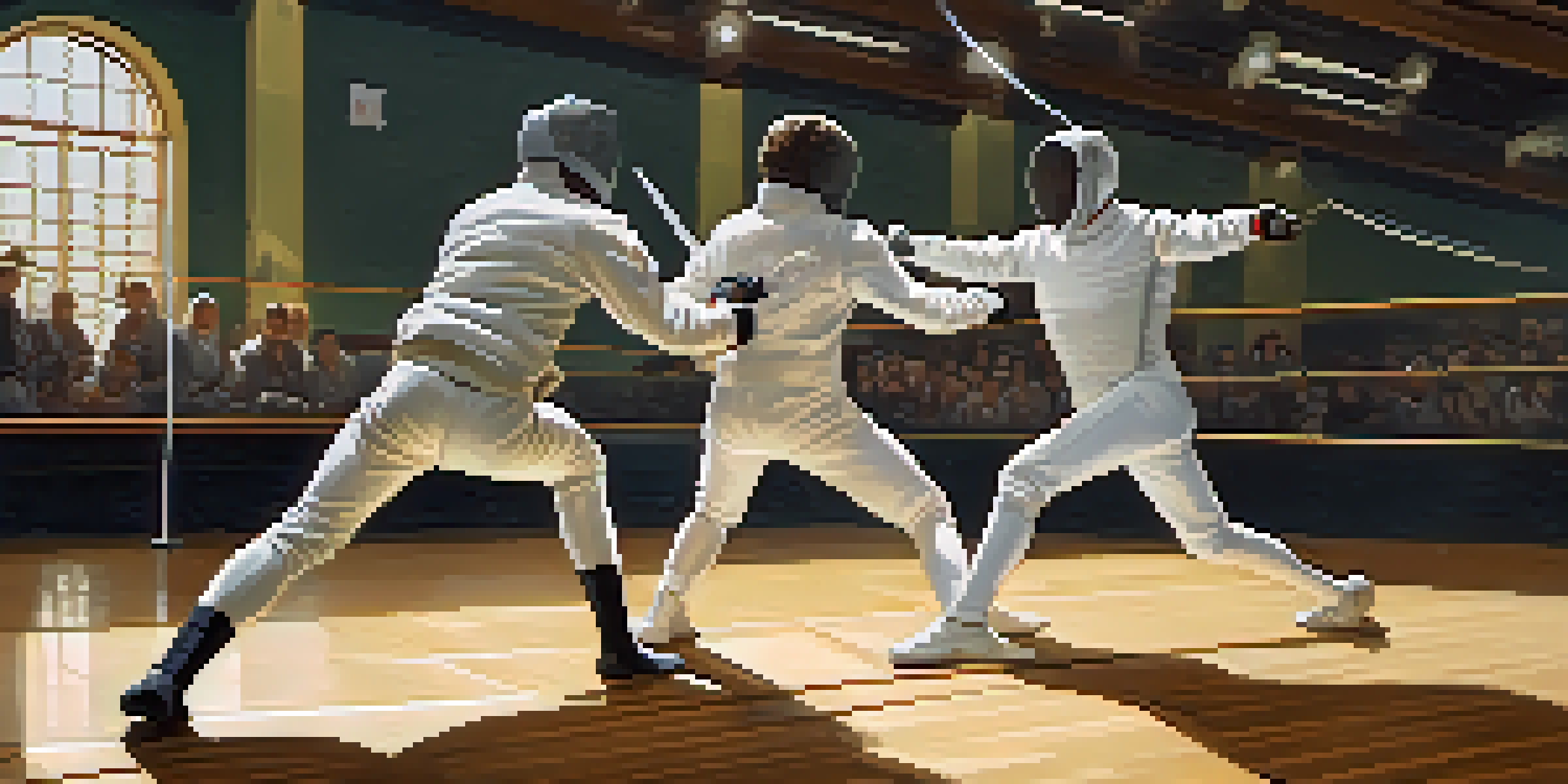 Two fencers in white uniforms sparring in a gymnasium, illuminated by bright lights and surrounded by spectators.