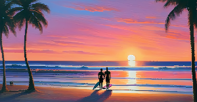 A sunset beach scene featuring two silhouetted surfers with surfboards on the sand, vibrant sky colors, and palm trees in the foreground.