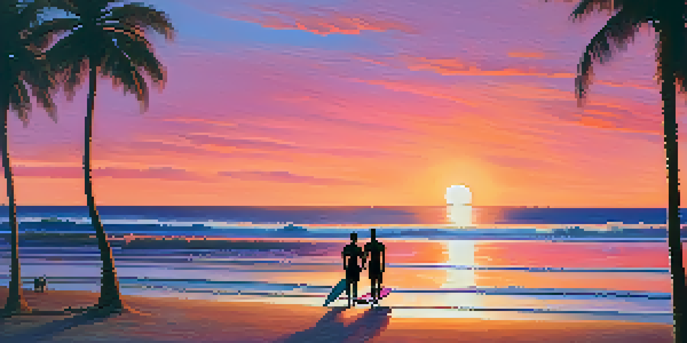 A sunset beach scene featuring two silhouetted surfers with surfboards on the sand, vibrant sky colors, and palm trees in the foreground.