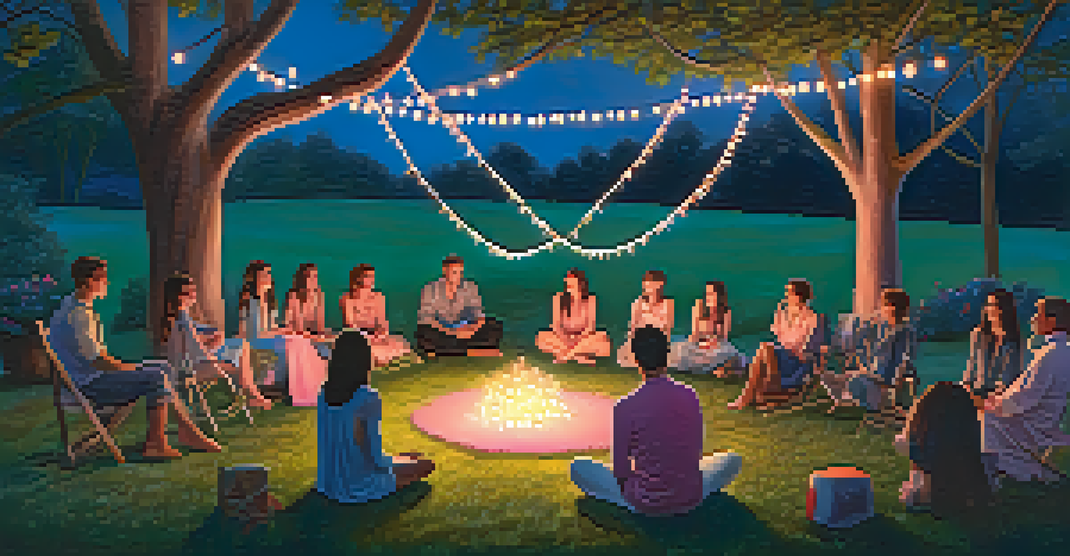 An outdoor performance area at twilight with fairy lights and performers illuminated in soft colors, while an audience sits on the grass.