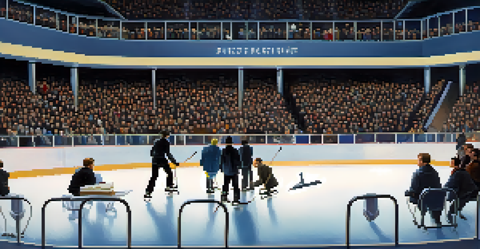 Judges at an ice skating competition watch skaters perform, with bright lights and an engaged audience in the background.
