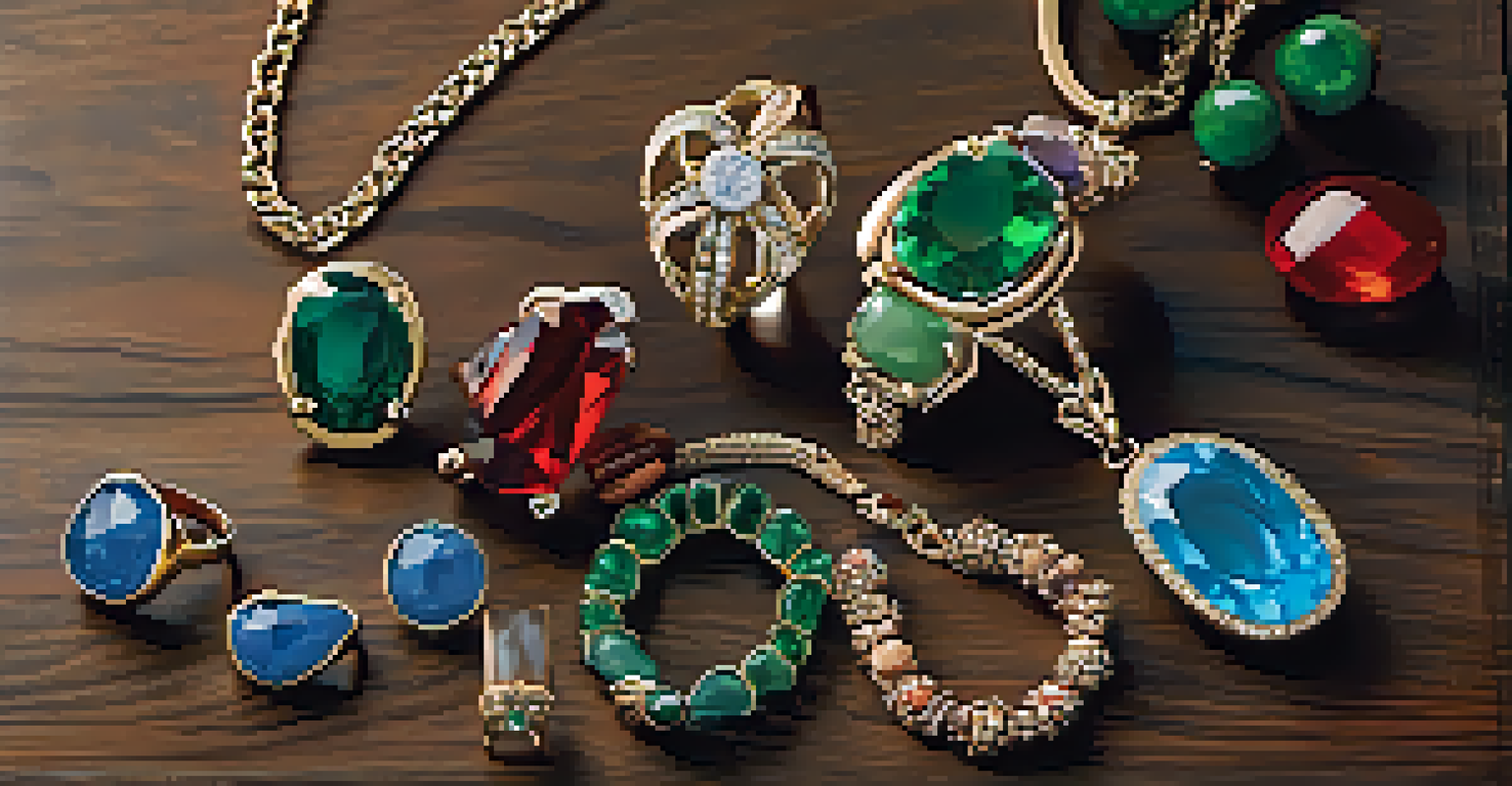 An arranged display of colorful jewelry pieces on a wooden surface, illuminated by soft natural light.