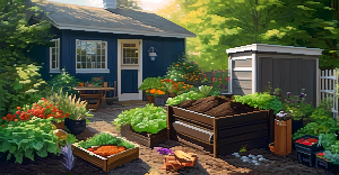 A sunny backyard with a wooden compost bin filled with dark compost and surrounded by vegetable scraps and dried leaves, with a colorful garden in the background.
