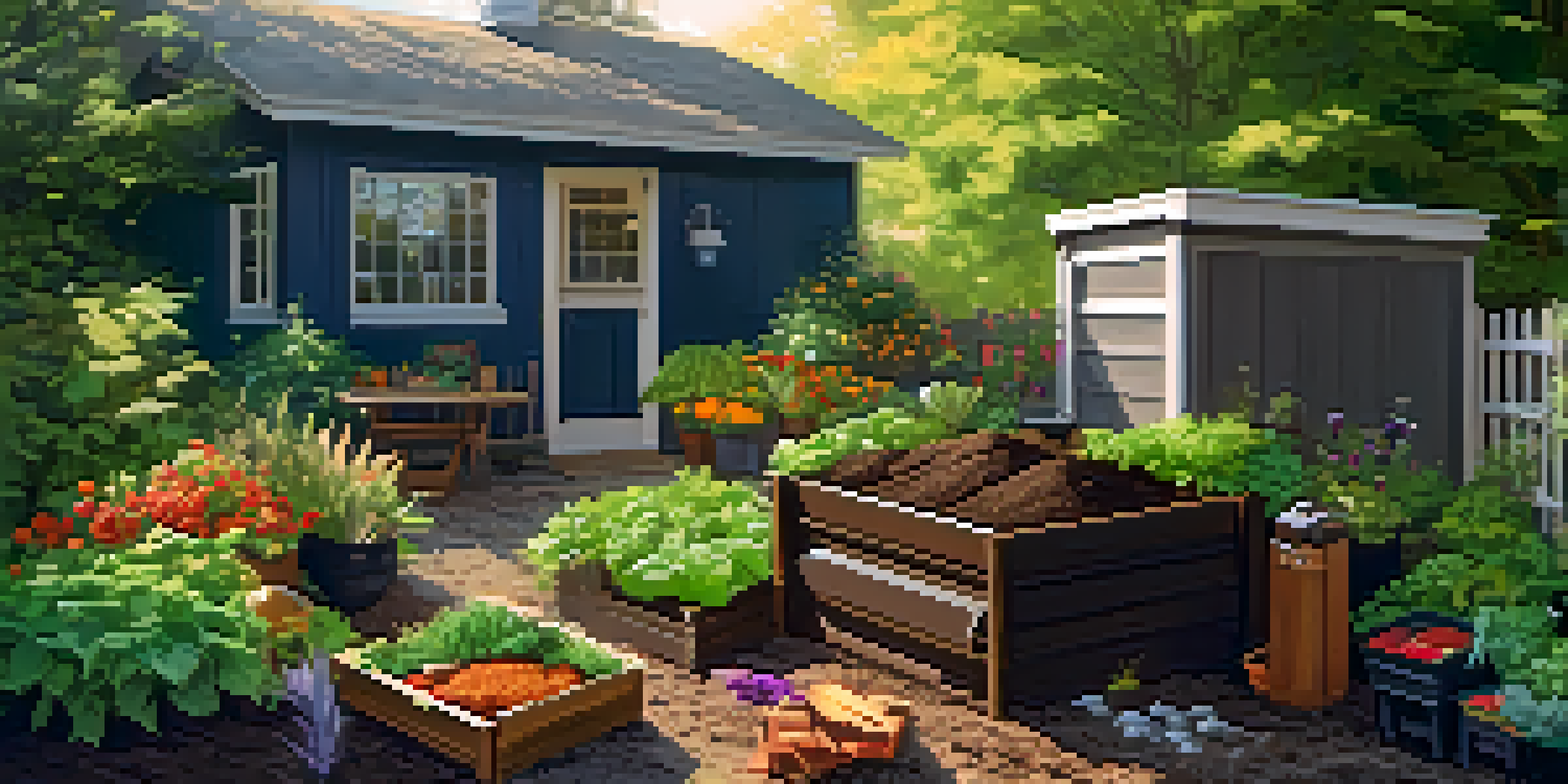 A sunny backyard with a wooden compost bin filled with dark compost and surrounded by vegetable scraps and dried leaves, with a colorful garden in the background.