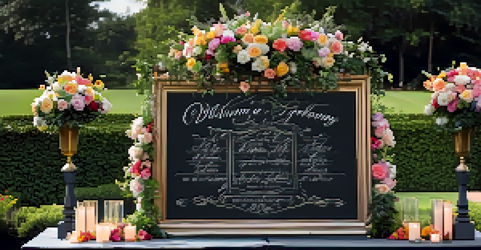 An elegant chalkboard sign with calligraphy in a garden setting adorned with flowers.