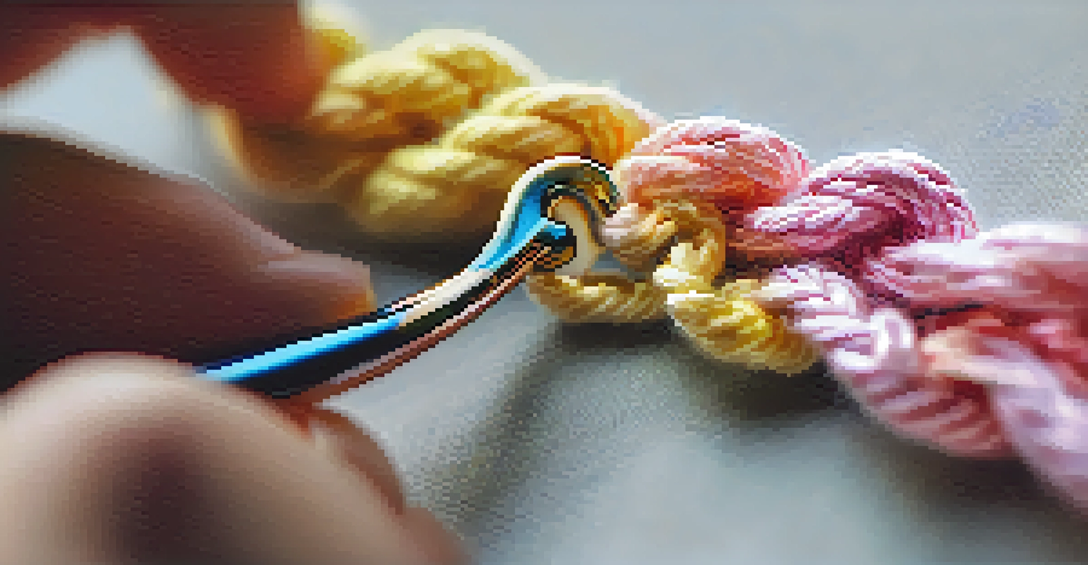 A close-up image of a crochet chain stitch with detailed loops of yarn on a hook, set against a softly blurred background.