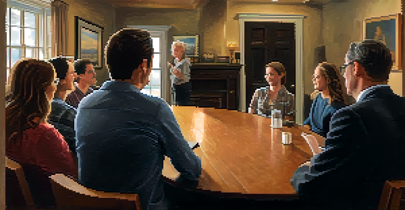 A speaker using hand gestures engages a small audience in a cozy room with warm lighting, creating a sense of connection.