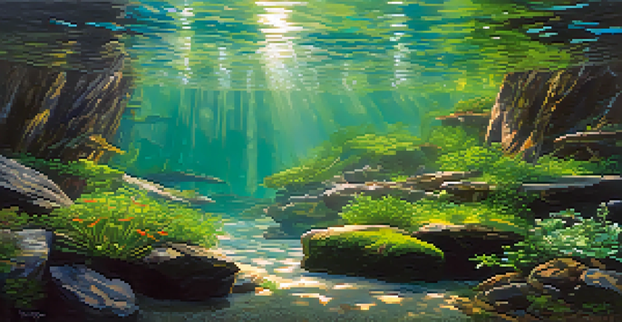 A peaceful underwater landscape with granite rocks, driftwood, and colorful aquatic plants, illuminated by soft sunlight.