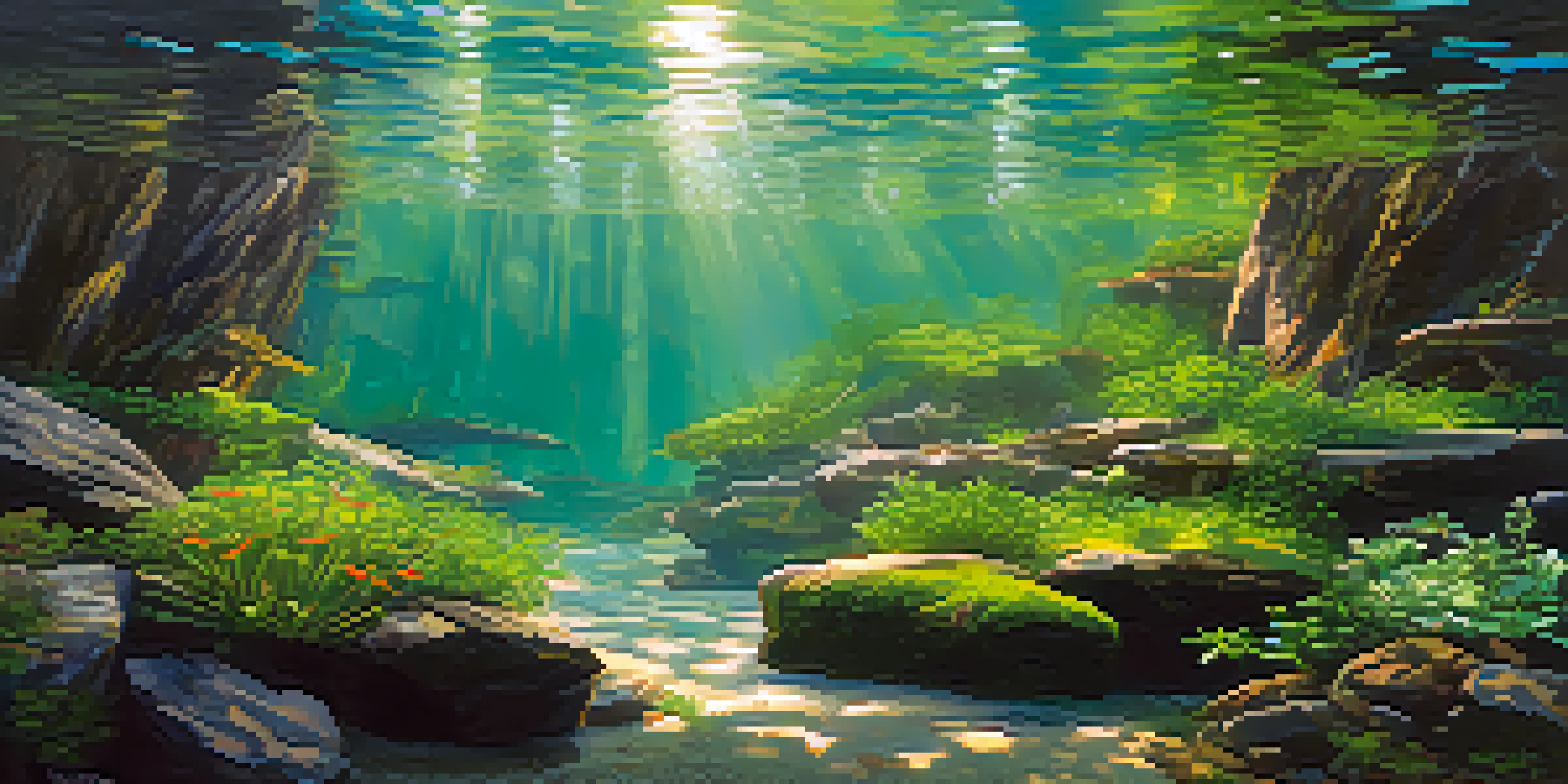 A peaceful underwater landscape with granite rocks, driftwood, and colorful aquatic plants, illuminated by soft sunlight.