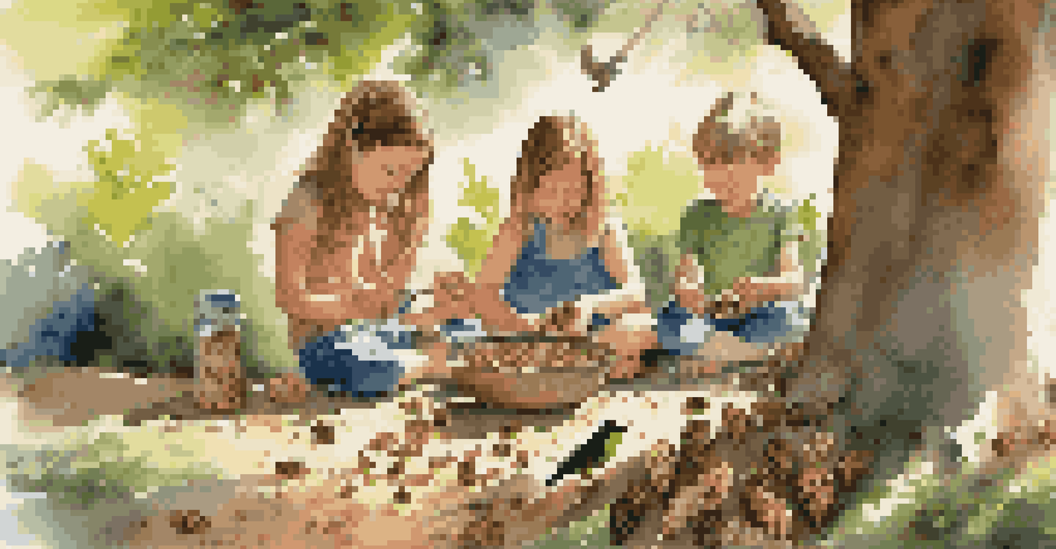 Kids making DIY bird feeders outdoors, surrounded by nature, with birds in the background, enjoying the sunny day.