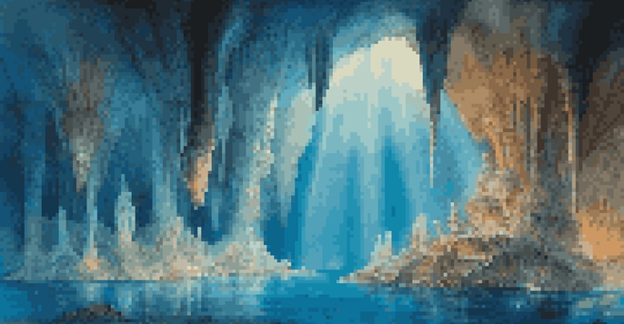 An underwater cave with blue light illuminating stalactites and stalagmites, divers exploring the scene surrounded by vibrant marine life.