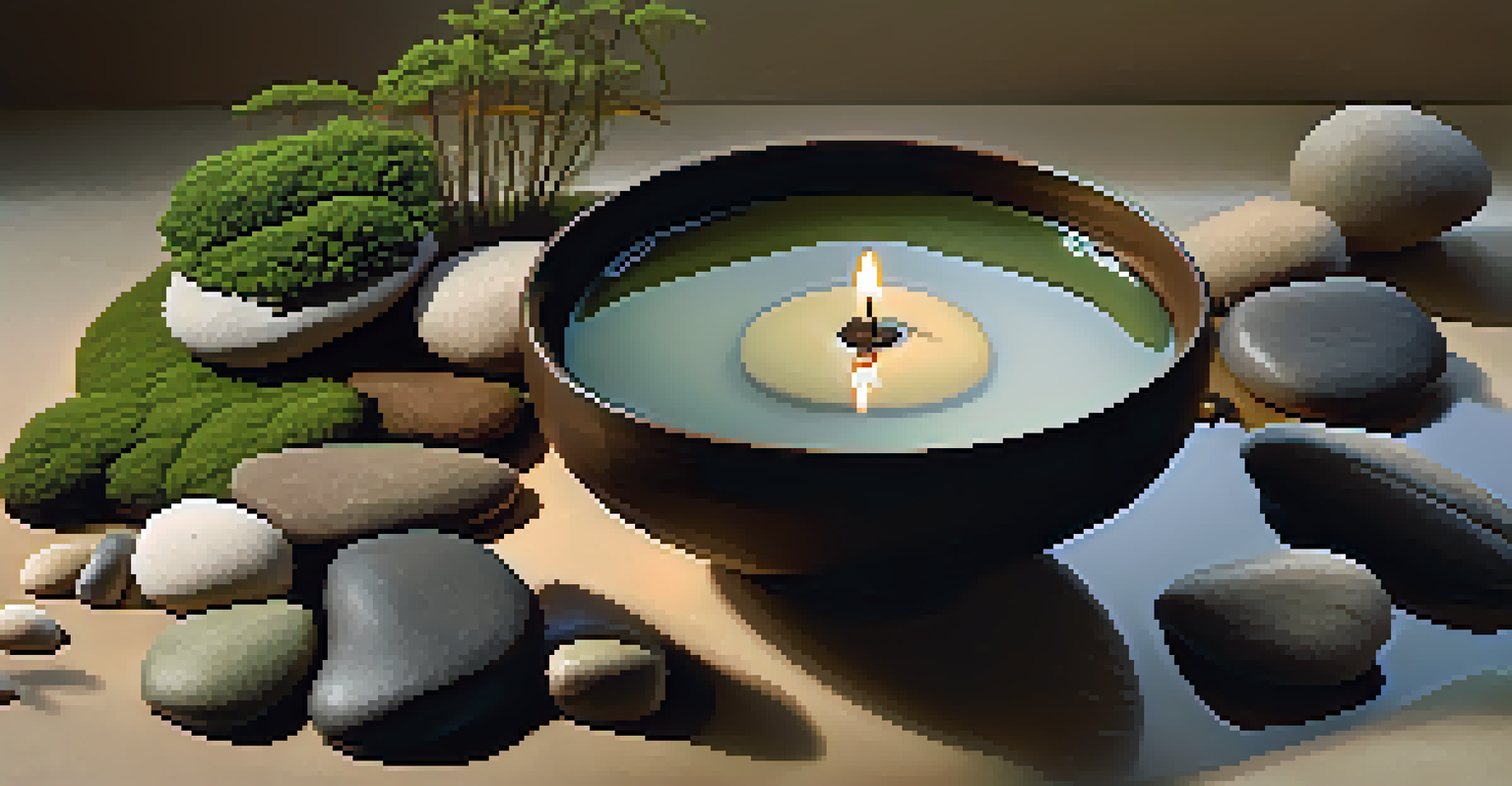 A close-up of a Zen garden with stones, a bowl of water and floating candles, surrounded by moss.