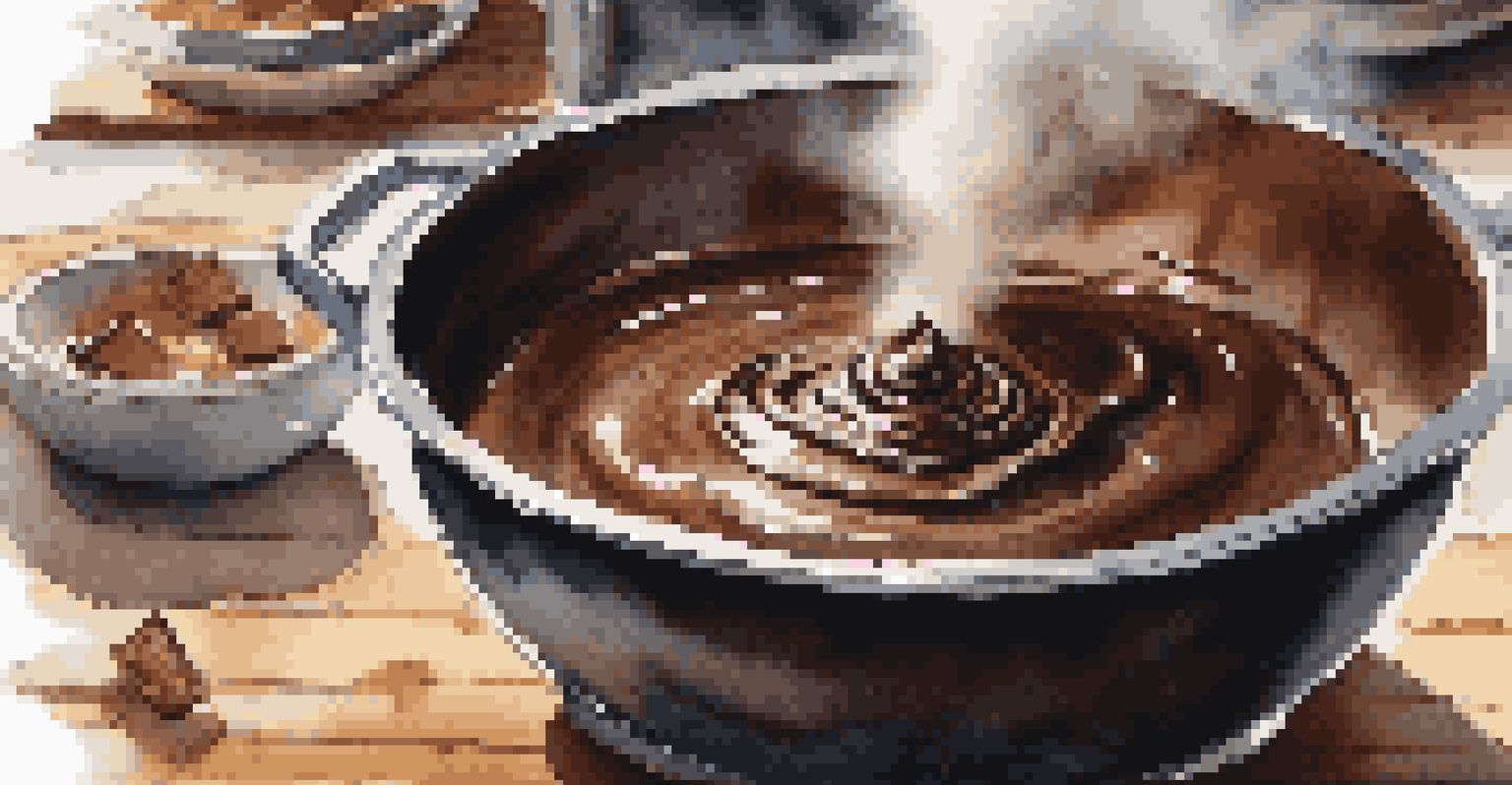 A close-up view of dark chocolate melting in a double boiler, with vanilla pods and sea salt surrounding the bowl.