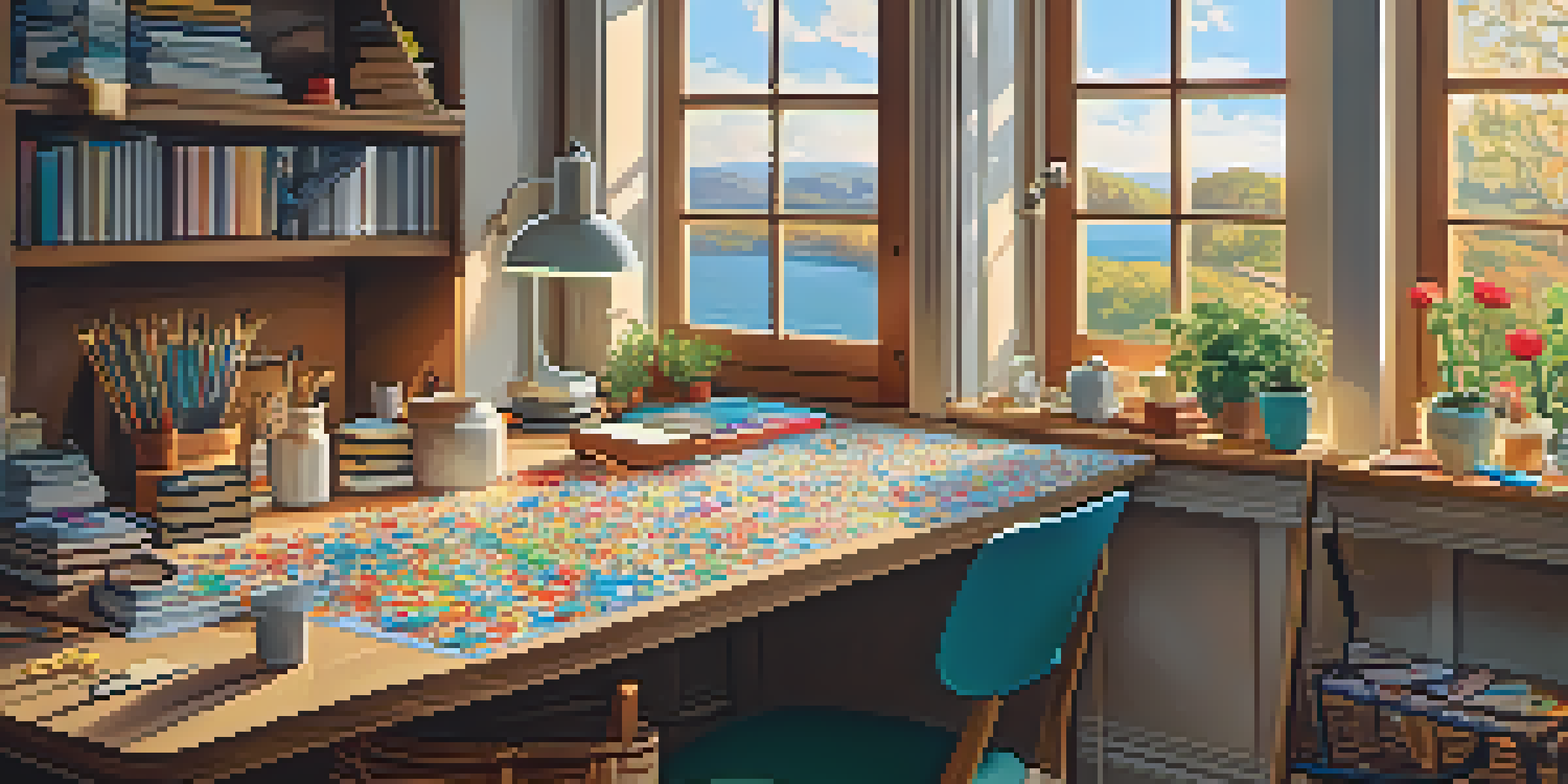 A cozy crafting workspace with colorful printed images, scissors, and a craft knife, illuminated by soft natural light.