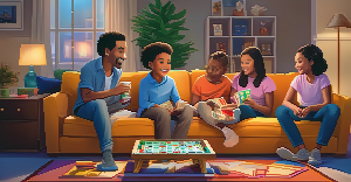 A diverse family of four enjoying a board game night in a cozy living room with warm lighting and colorful decorations.
