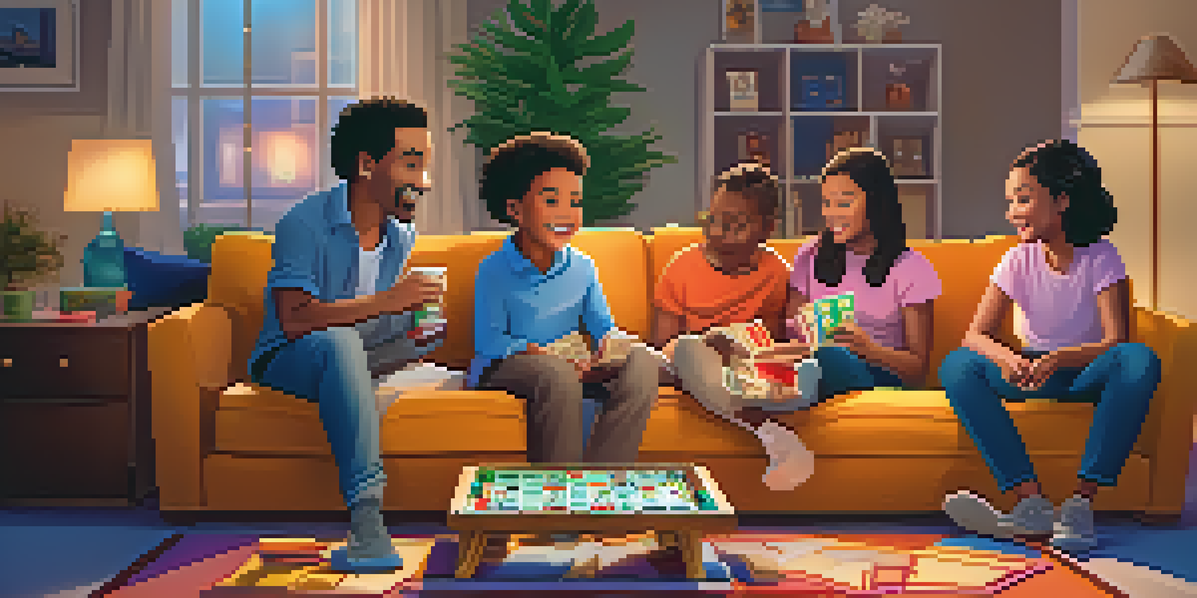 A diverse family of four enjoying a board game night in a cozy living room with warm lighting and colorful decorations.