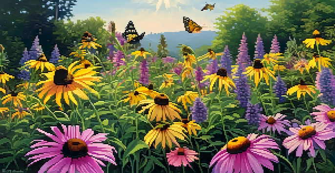A colorful garden filled with blooming coneflowers and black-eyed Susans, with butterflies and bees present among the flowers, under sunlight.