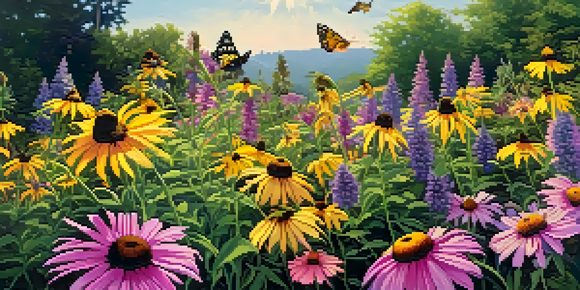 A colorful garden filled with blooming coneflowers and black-eyed Susans, with butterflies and bees present among the flowers, under sunlight.