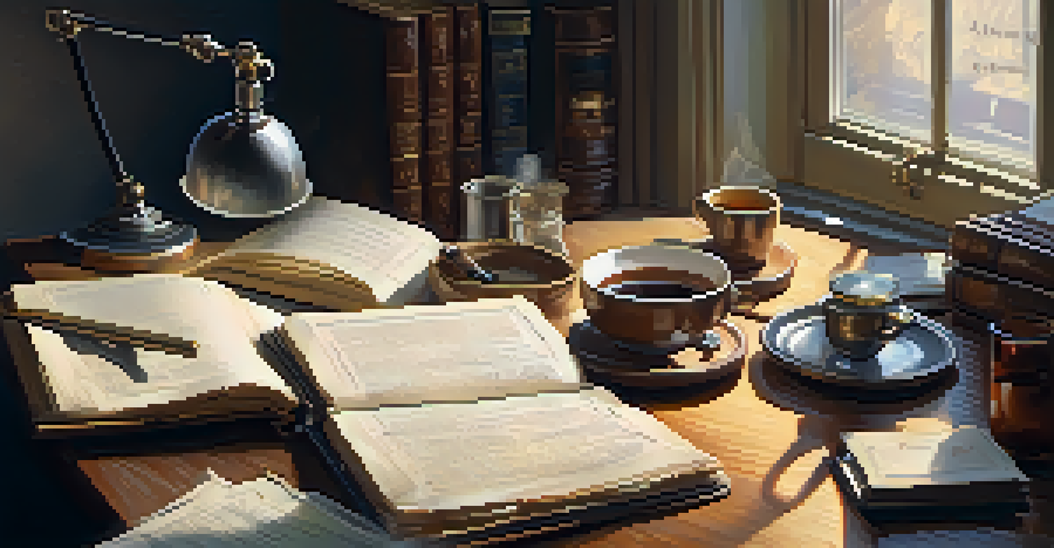 A researcher analyzing an old diary with a magnifying glass, surrounded by historical documents and a laptop, in a well-lit workspace.