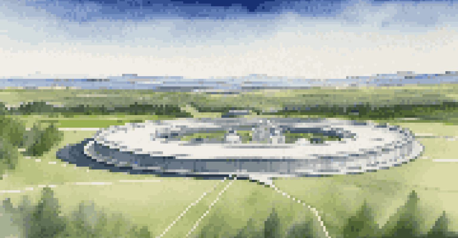 The LIGO observatory in a green field with mountains in the background, illustrating gravitational waves emanating from it.