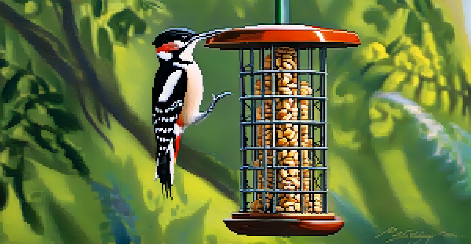 A close-up of a woodpecker on a peanut feeder with vibrant feathers against a blurred green background.