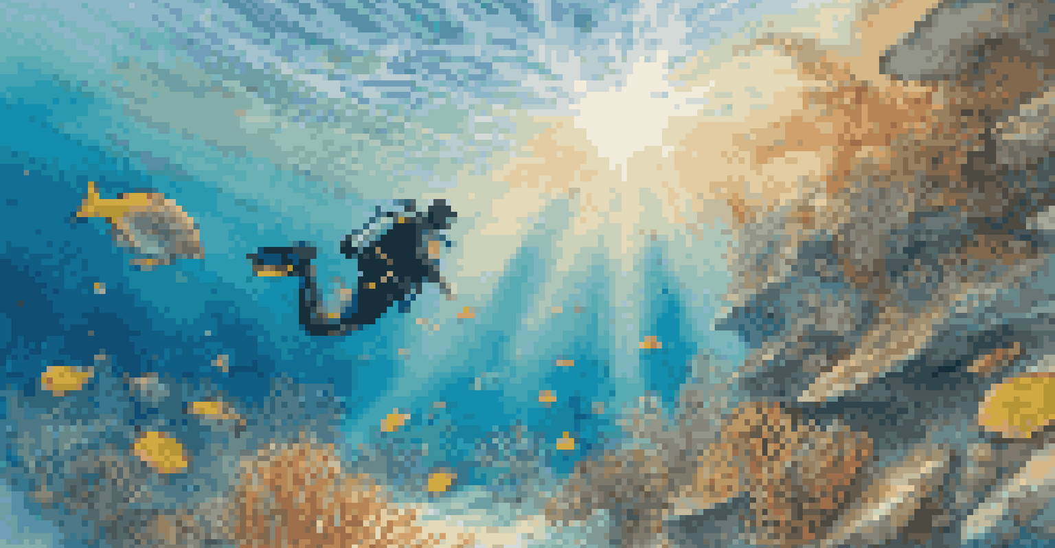 A scuba diver surrounded by fish and coral formations in a clear blue ocean.