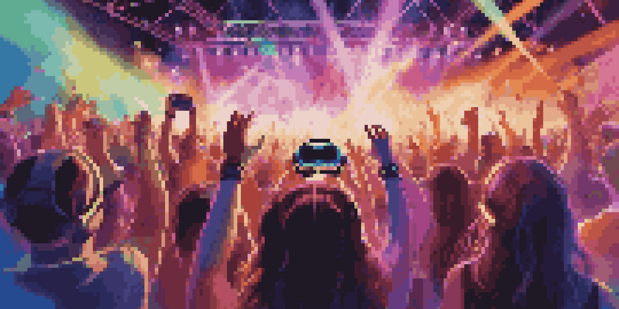 A lively virtual reality concert with fans in VR headsets, colorful stage lights, and a band performing.