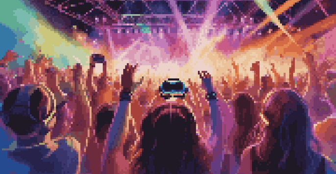 A lively virtual reality concert with fans in VR headsets, colorful stage lights, and a band performing.