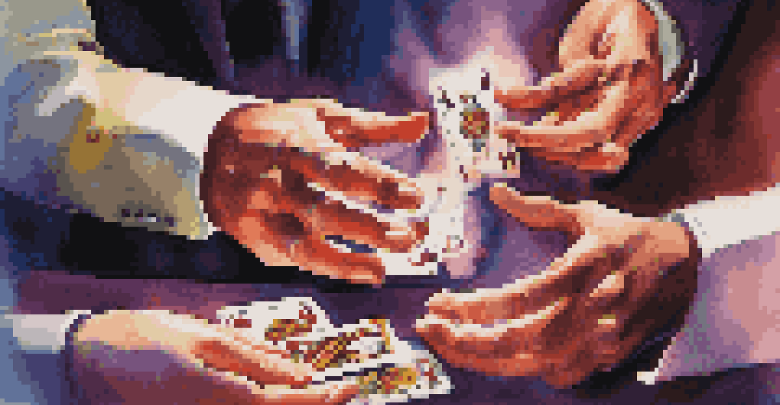 Close-up of a magician's hands performing a card trick, with vibrant cards in motion and fellow magicians watching intently.