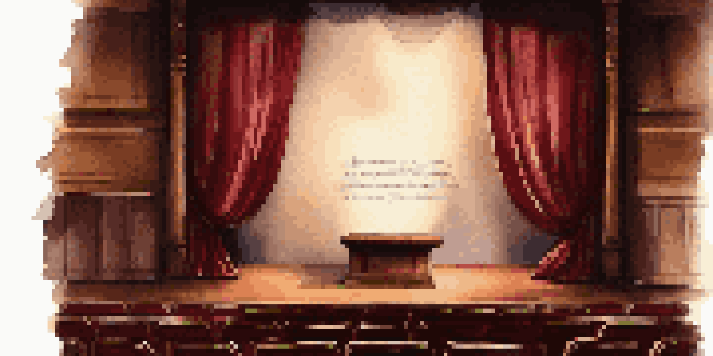 A dimly lit theatre stage with a spotlight on a vintage prologue script on a lectern, surrounded by burgundy curtains.