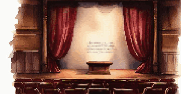 A dimly lit theatre stage with a spotlight on a vintage prologue script on a lectern, surrounded by burgundy curtains.