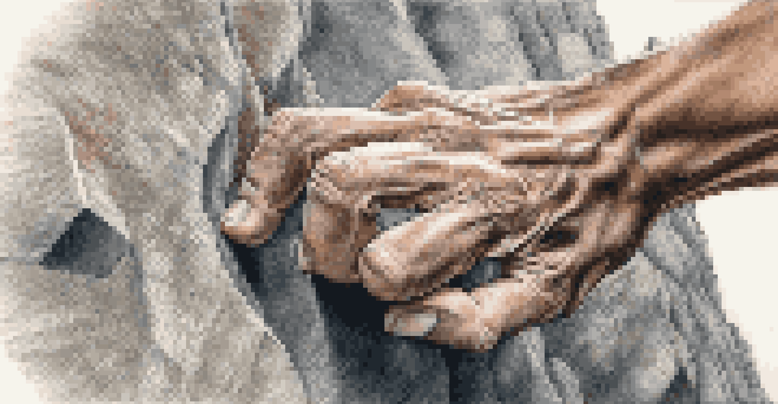 A close-up of a climber's hands gripping a rock hold, showing chalk and texture.