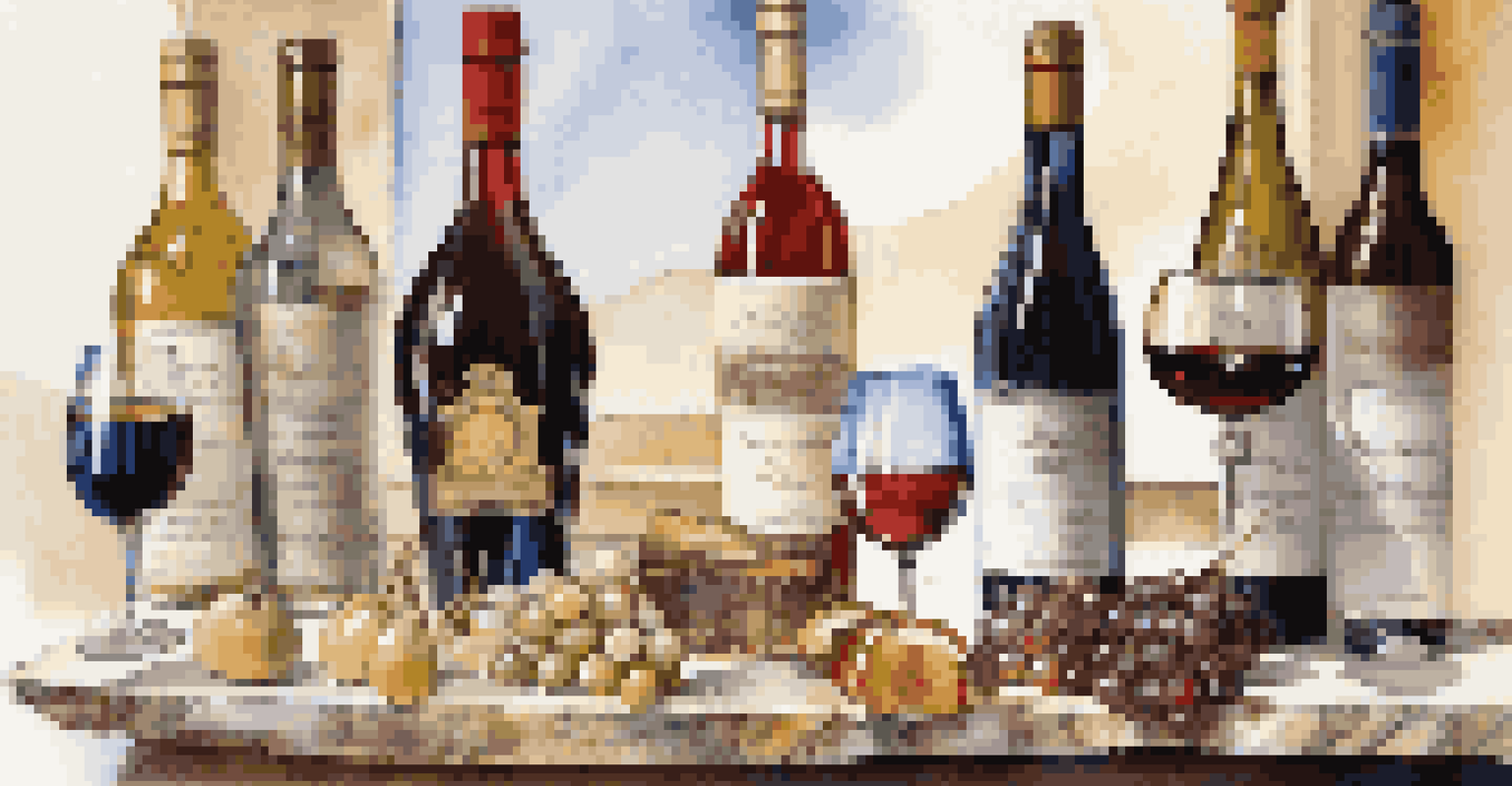 An elegant wine tasting setup with a selection of fortified wines and gourmet food pairings on a polished marble countertop, illuminated by natural sunlight.