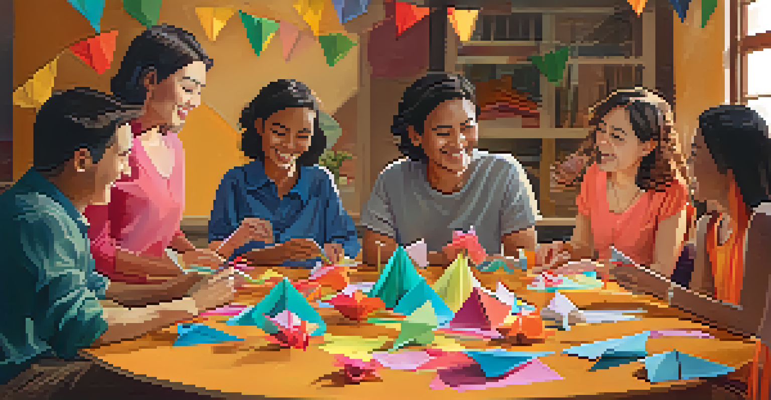 A group of friends happily learning origami at a table, surrounded by colorful papers and their creations.