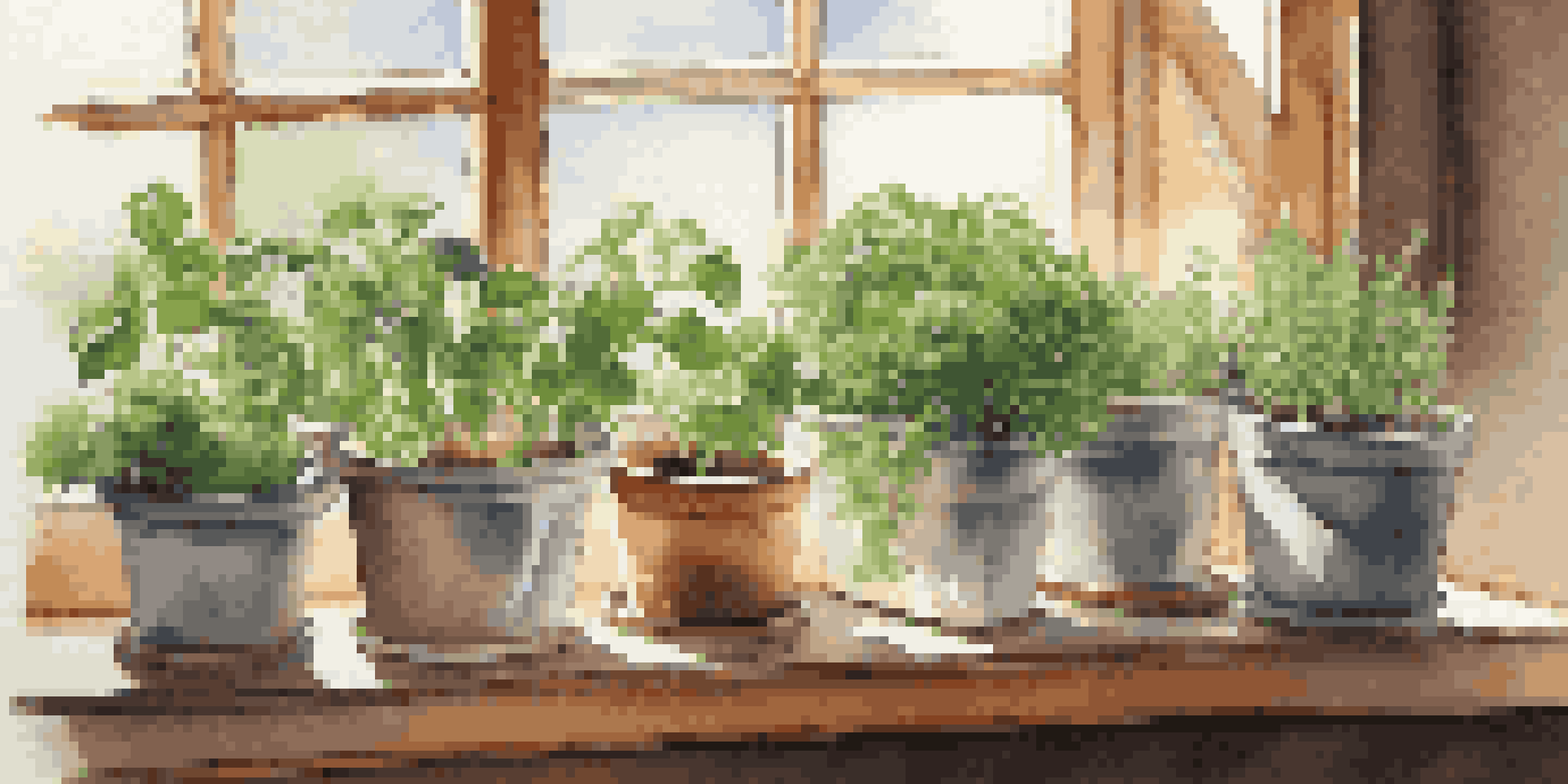 A bright indoor windowsill with small pots of basil, cilantro, and rosemary, illuminated by sunlight.