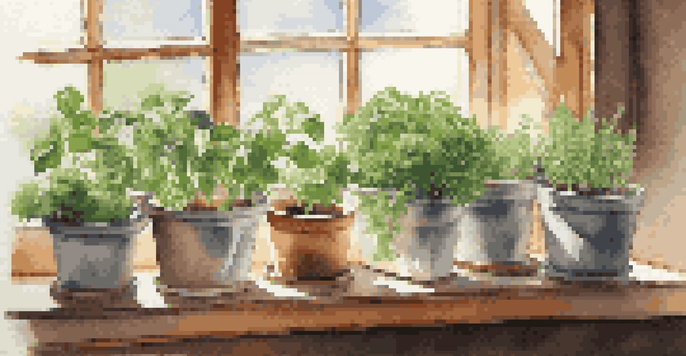 A bright indoor windowsill with small pots of basil, cilantro, and rosemary, illuminated by sunlight.