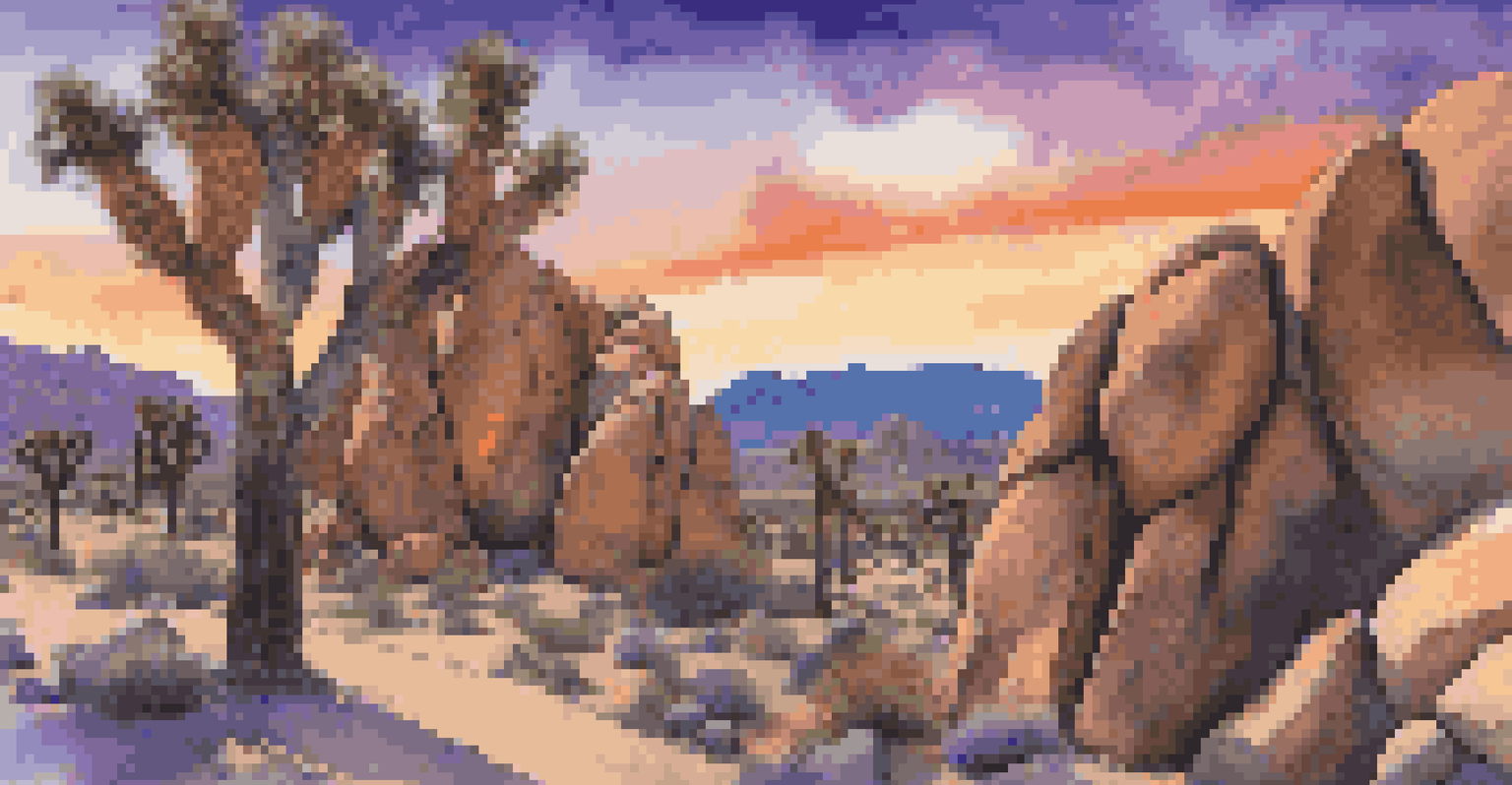 A climber on a rock formation in Joshua Tree National Park with a colorful sunset sky and unique desert vegetation.