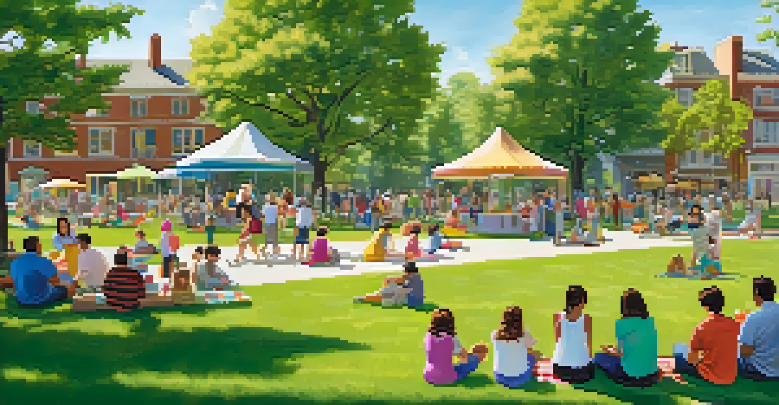 A vibrant park scene filled with people enjoying a sunny day, picnics, and live music.