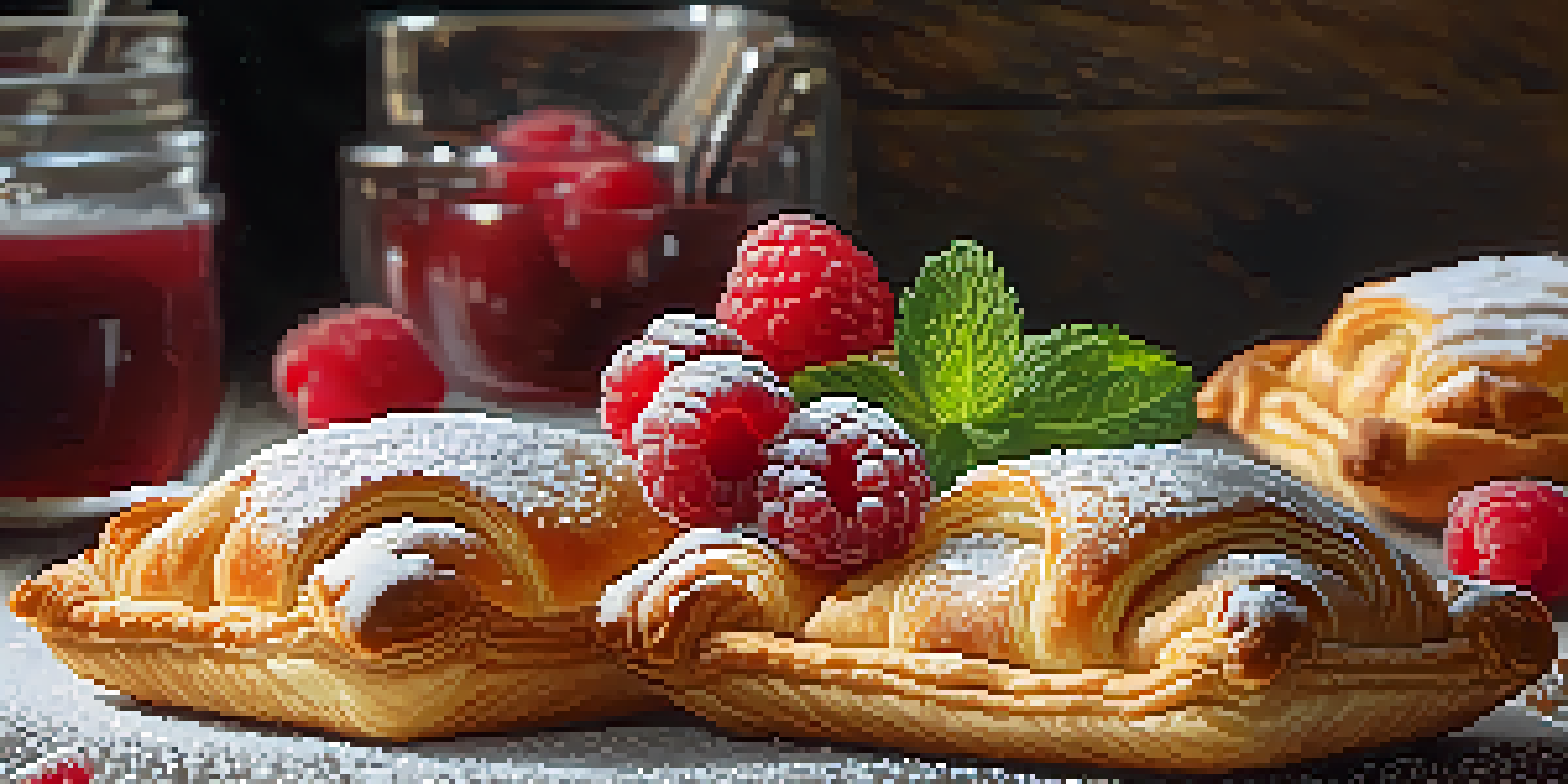 A close-up view of golden-brown puff pastries on a wooden table, with powdered sugar and raspberry jam.